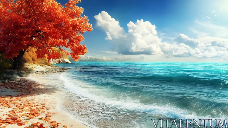 Digital painting of autumn shoreline with luminous turquoise sea.