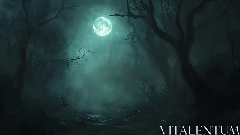 Full moon illuminates dense, mist-filled forest at night