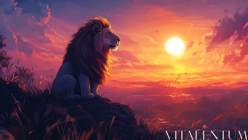 Sunset crown over the watchful lion of the painted savanna.