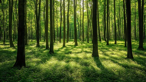 Sunlit forest with tall trees and lush green foliage, natural style.