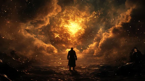 Silhouetted figure before central fiery cloud formation.