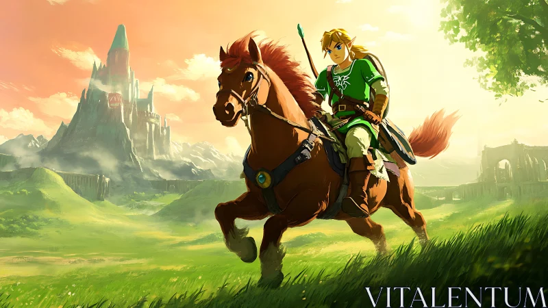 Armored rider on brown horse crossing sunlit green plain.