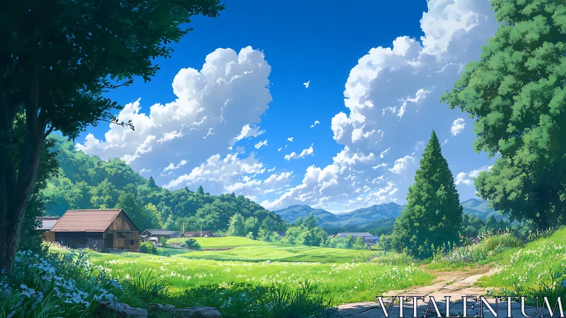 Summer clouds drift lazily above a sunlit country valley