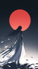 Lone wanderer beneath a silent, glowing crimson moon.