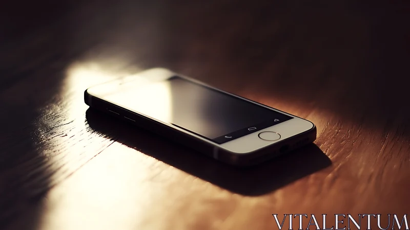 iPhone with White Bezel Illuminated by Warm Studio Lighting on Wood Surface.