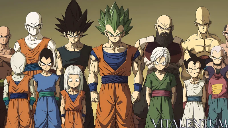 Anime warrior team lineup in bold orange battle uniforms.