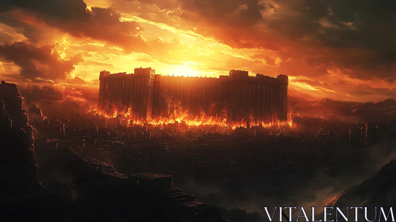 Massive fortified citadel engulfed in blazing firestorm.
