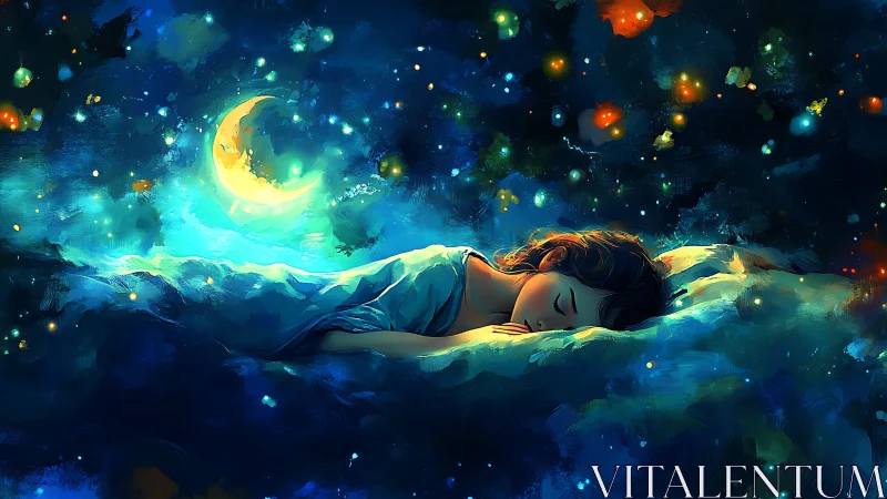 Dreamlit child sleeping under glowing crescent moon.