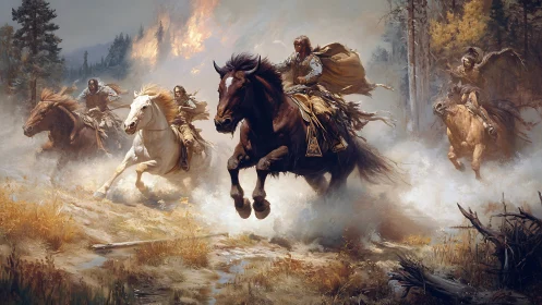 Wild riders outrun a burning frontier sky in roaring duststorm.