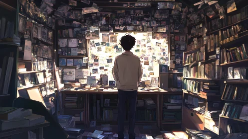 Memory-lit investigator studies a wall of glowing paper constellations