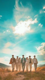 Sunlit friends walking a dreamy trail under glowing skies.