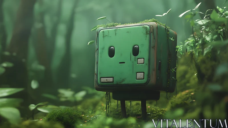 Curious forest robot quietly daydreams among soft green moss