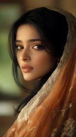 Digital portrait shows side profile of veiled woman calmly turning