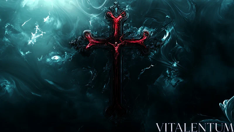 Luminous red cross emerging within dark swirling mist.
