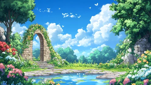 Sunlit stone garden arch opens onto a serene pond sanctuary