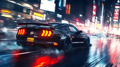 High-speed muscle car drifts through neon-lit wet city streets