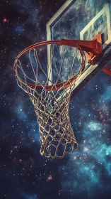 Cosmic basketball hoop hangs boldly against a starry sky