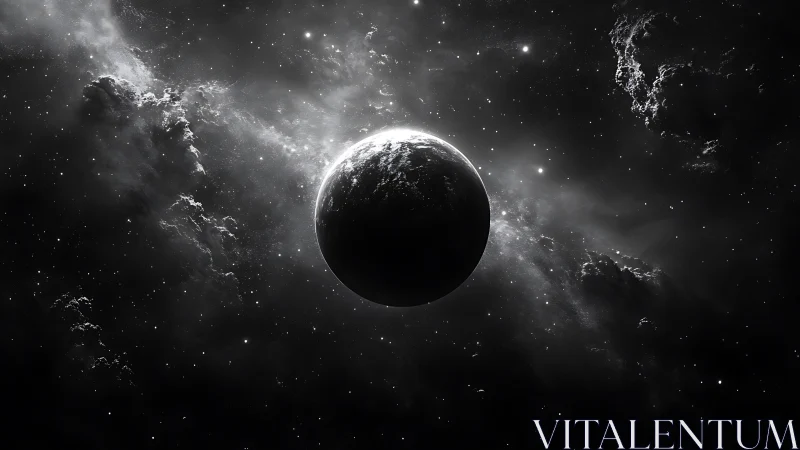 Midnight planet drifts through silver nebulae and scattered stars