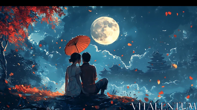 Romantic couple beneath full moon over ancient pagodas.