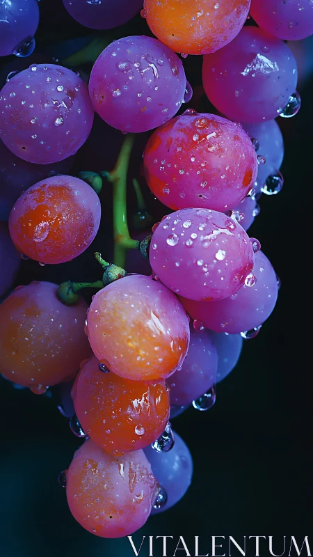 Close-up of dewy multicolored grapes against dark background.