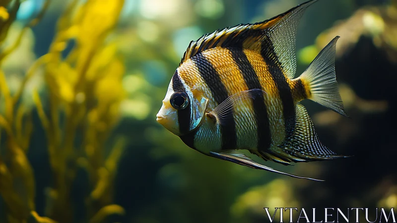 Striped reef wanderer glides through sunlit kelp forest.