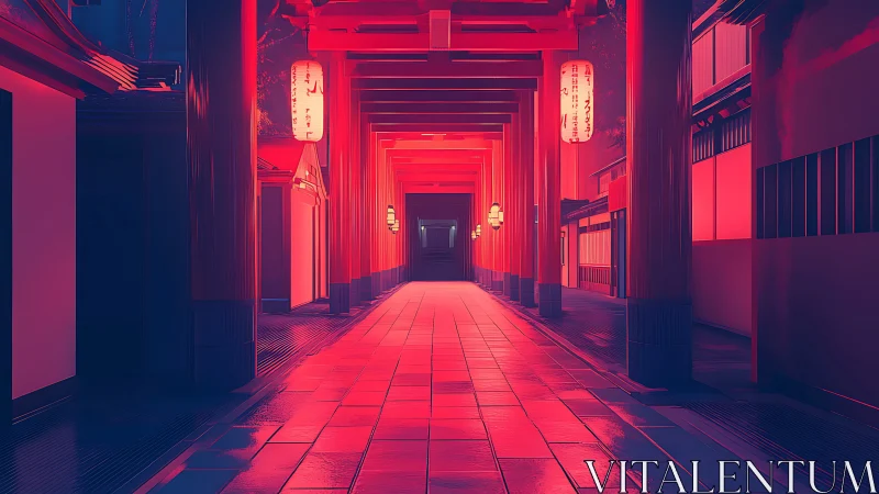 Gentle lantern light guides a quiet red temple walkway
