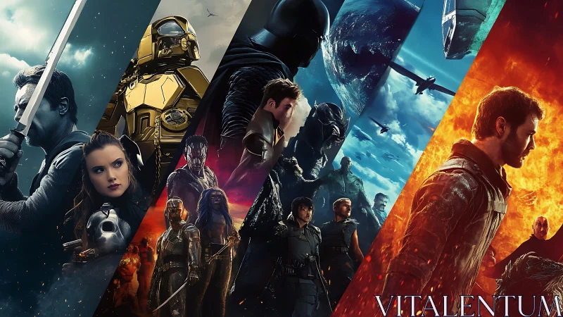 Ensemble of futuristic warriors across divided scenes.