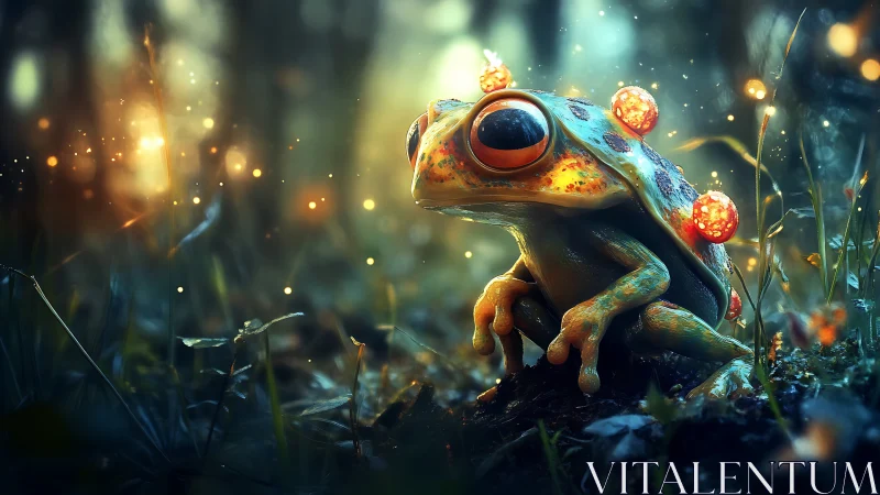 Glow-orb frog keeps vigil in a twilit forest of sparks