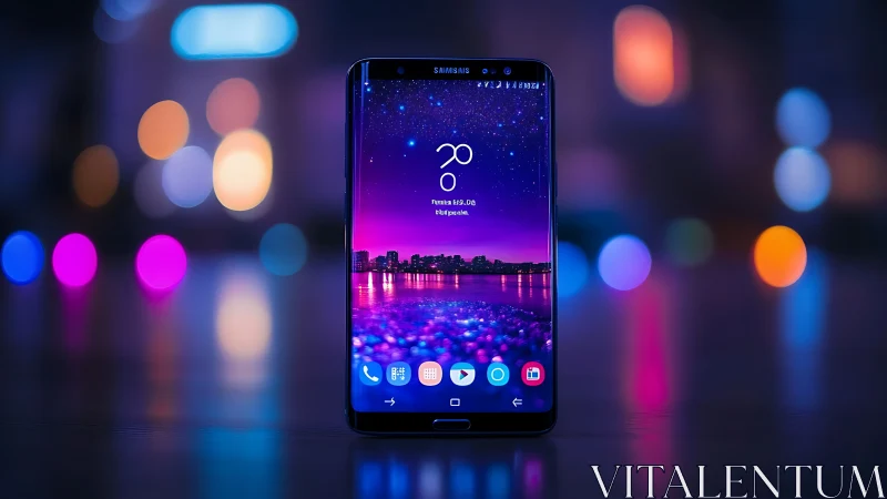 Samsung Galaxy smartphone displaying time 20:09 with vibrant purple-pink wallpaper