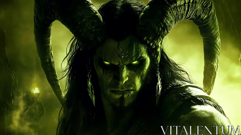 Horned abyssal warlord bathed in venomous green fire.