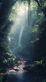 Rainforest Waterfall in Filtered Sunlight.