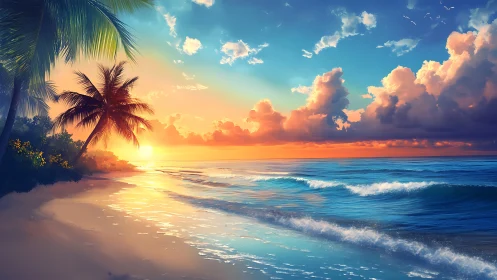 Sunlit palm shore drinks in a blazing watercolor sunset sky.
