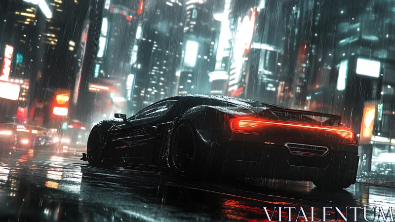 Neon rain crowns a midnight supercar poised to outrun tomorrow