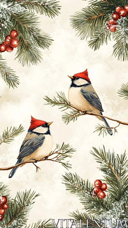 Red-crested songbirds on snow-frosted conifer branches pattern.