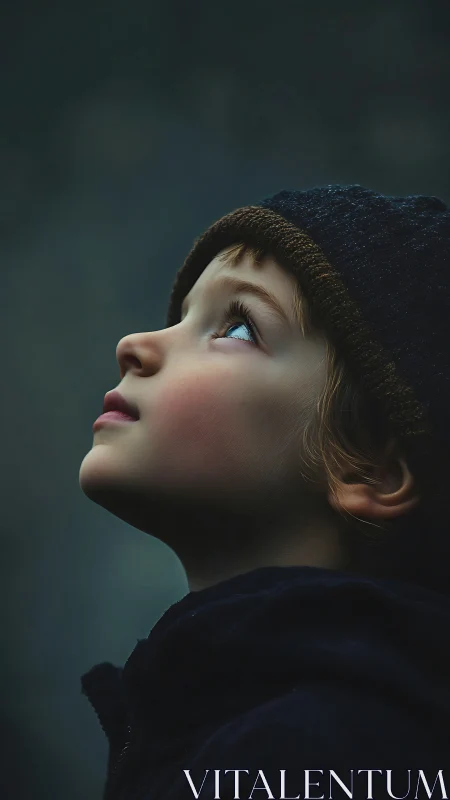 Child in profile gazes upward with contemplative expression while wearing dark knit hat