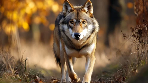 Gray wolf stalks forest path under warm autumn light