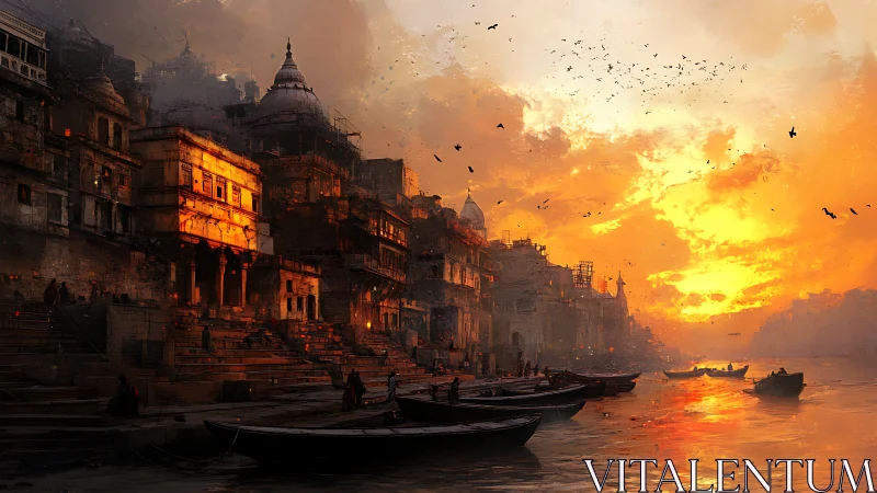 Riverfront embers over ancient steps at a fiery sundown.