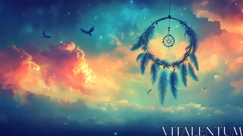 Dreamcatcher drifts through nebula clouds and starlit sky.