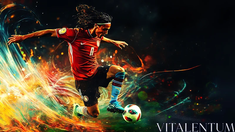 Kinetic digital painting of dynamic football striker in motion.