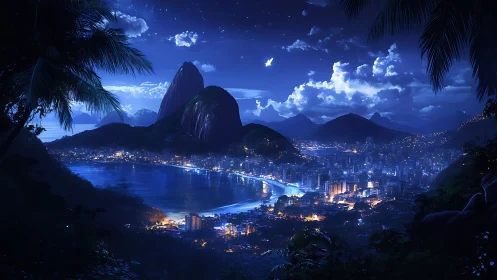 Tropical bay city glows under deep blue moonlit sky.