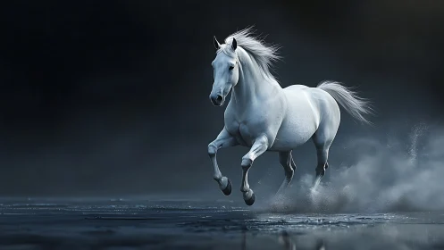 White stallion gallops through mist on dark reflective ground.
