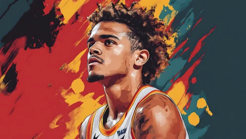 Dynamic basketball portrait set against explosive paint strokes.