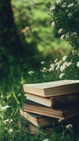 Stacked hardcover books rest on grass beside small flowers