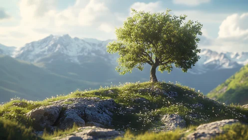 Lone green tree on rocky hill with distant snowy peaks.