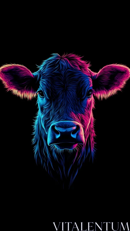 Neon cow portrait in blue and pink on black background.