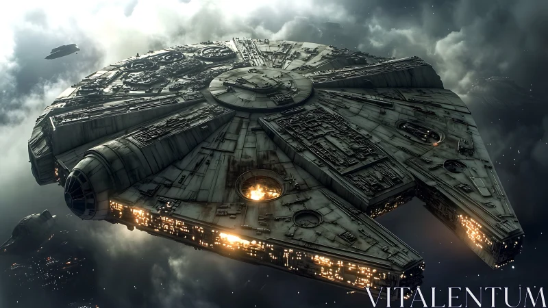 Smuggler starship slices stormy nebulae with weary grace