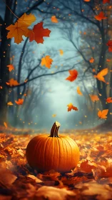 Cinematic autumn forest depth with focal pumpkin foreground.