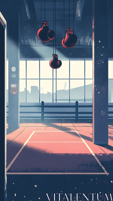 Urban boxing gym interior with red gloves suspended overhead