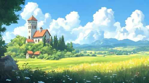 Rural tower complex stands amid fields under cumulus clouds