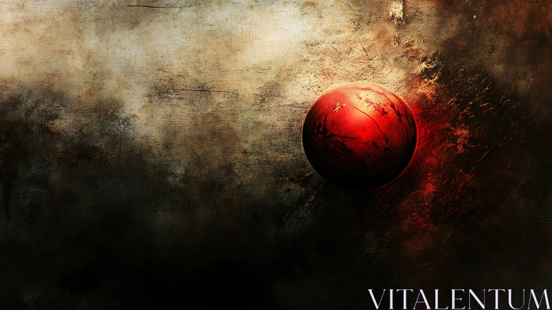 Red sphere impacts textured grunge wall with radial light dispersion